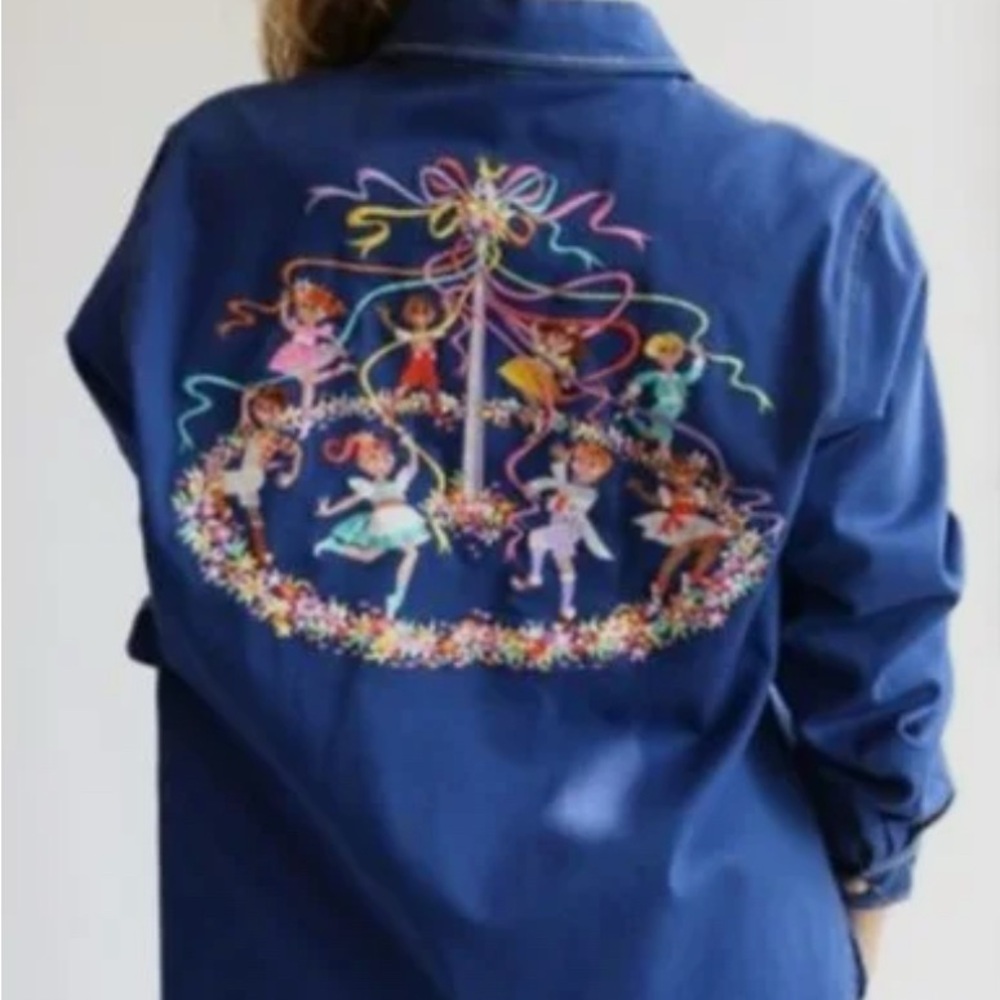 Bob Mackie Wearable Art Blue Denim Embroidered Button Down Shirt